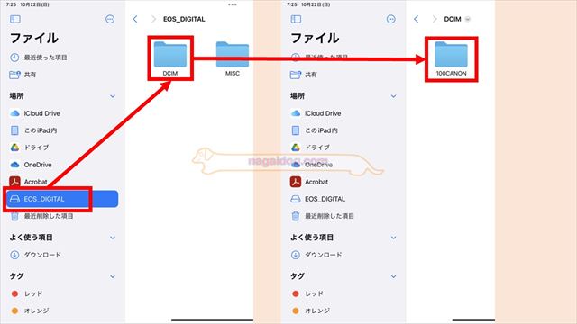 カメラ内のフォルダを開いていく